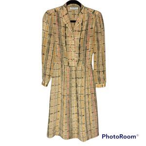 Vintage 70's Tan Secretary's Dress, Abstract Geometric Neutral Print, Day Dress